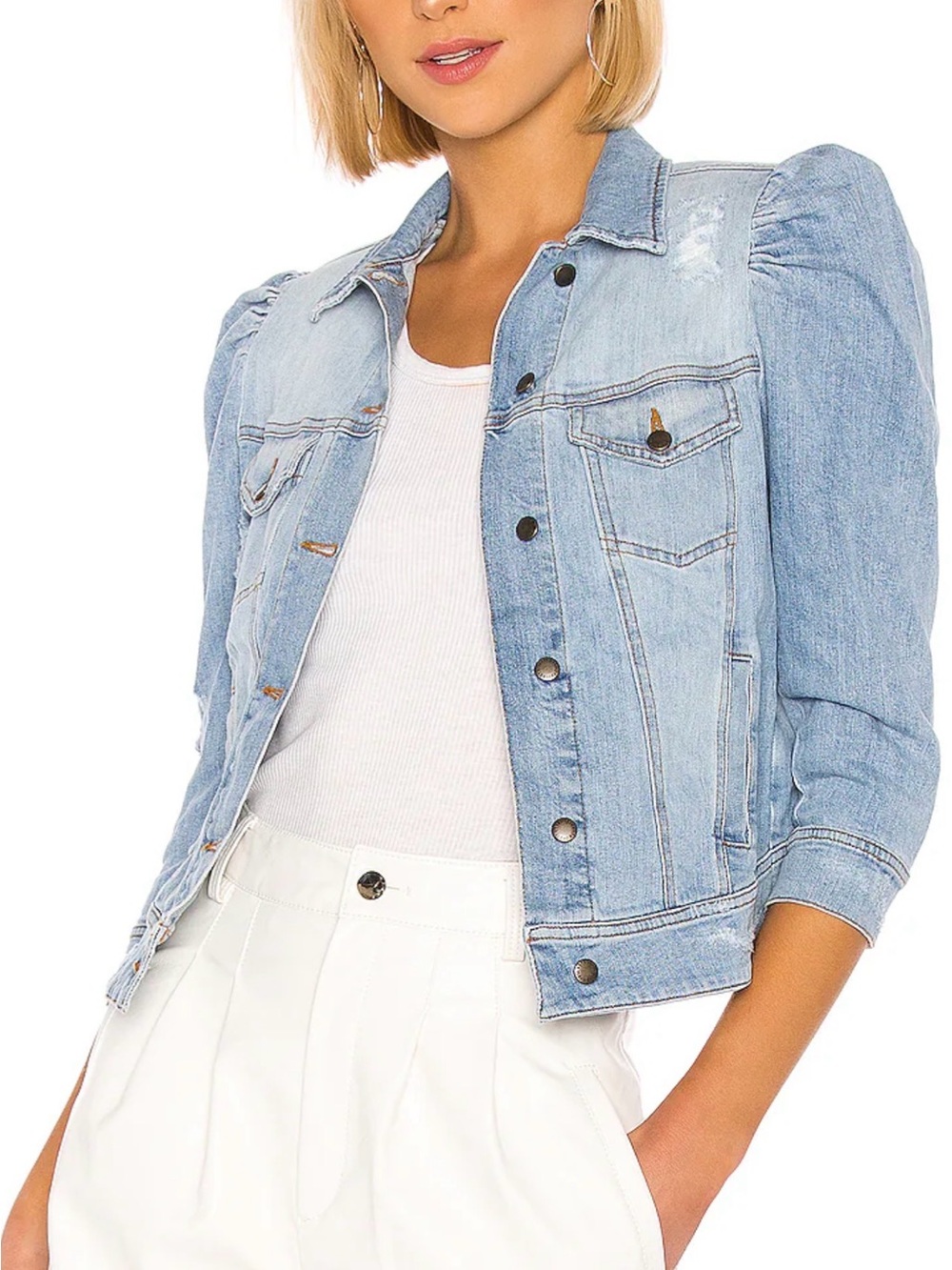 RISEN cropped Light Wash Denim Jacket 3/4 length puff sleeve L distressed
